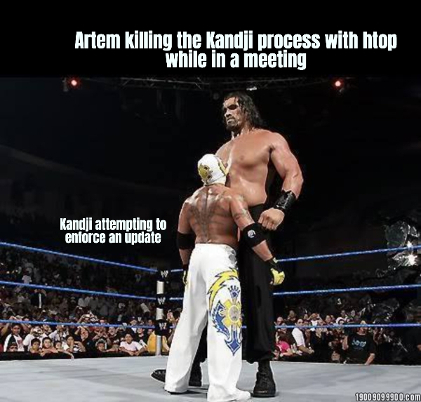 Kandji attempting to enforce an update... Artem killing the Kandji process with htop while...